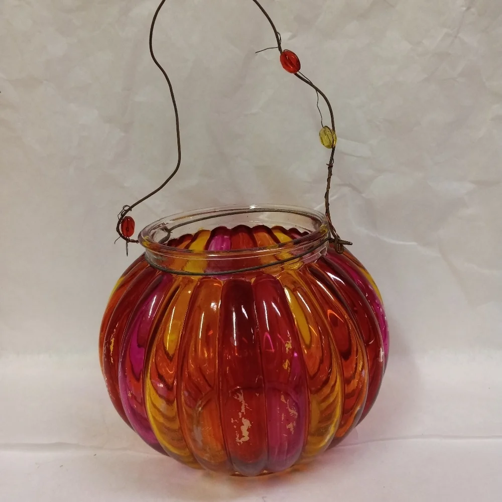 2- Vintage Wire Hanging Candle Holder  Lanterns Orange & Pink Round Ribbed Glass